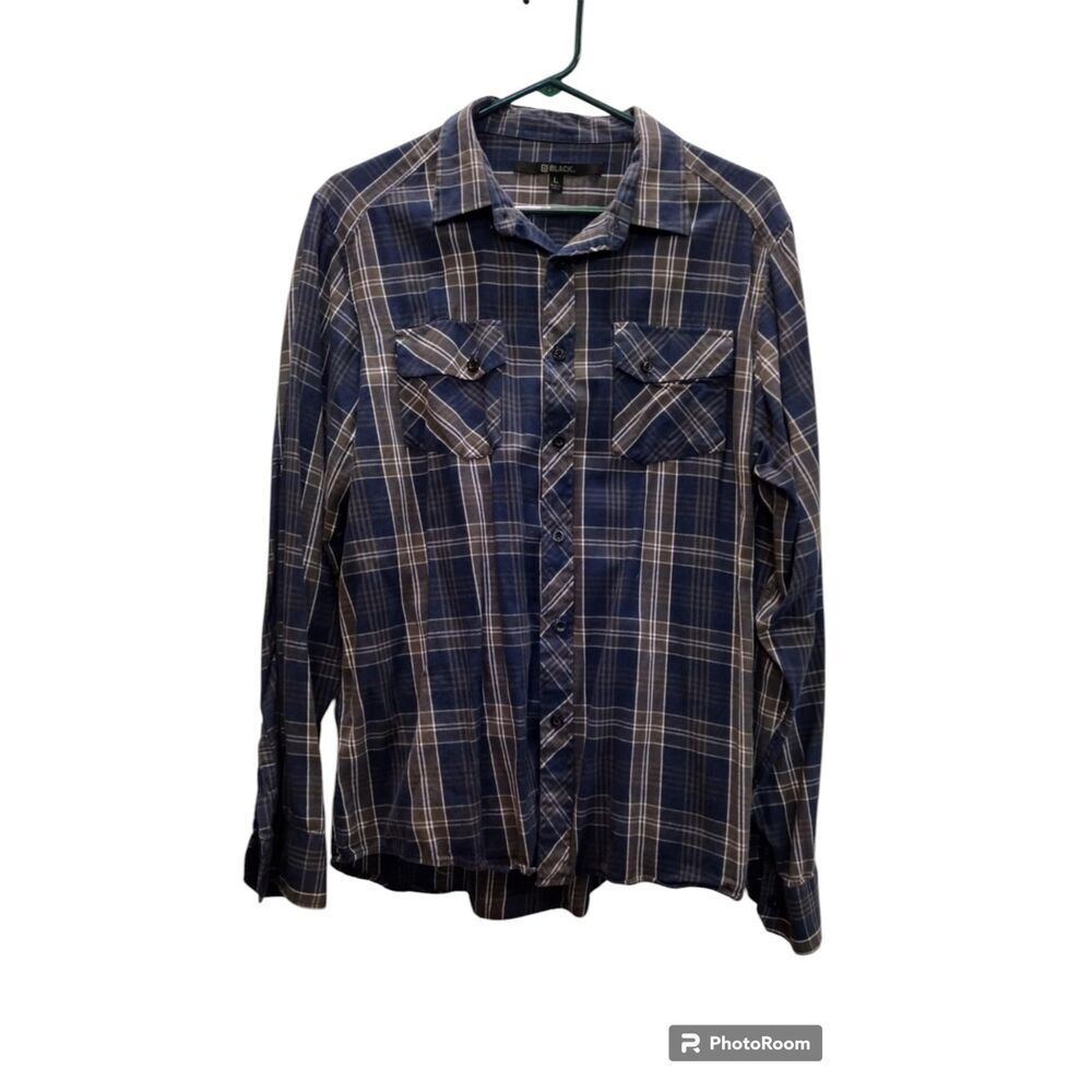 Black. Men's Blue and grey plaid button down long sleeve casual shirt